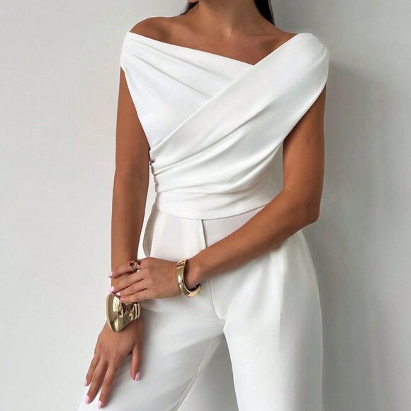 Apricot Elegant Women's Minimalist Asymmetric Ruffle Sleeveless Cropped Top - Picture 6 of 7